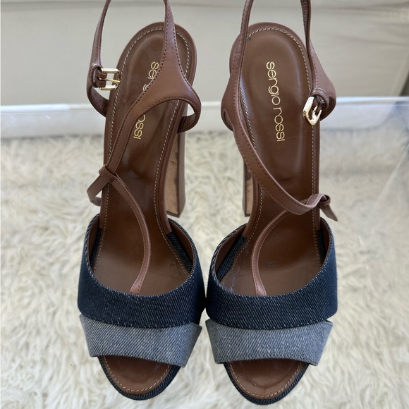 SERGIO ROSSI Denim Colorblock T-Strap Sandals SIZE 39 - Picture 2 of 3
